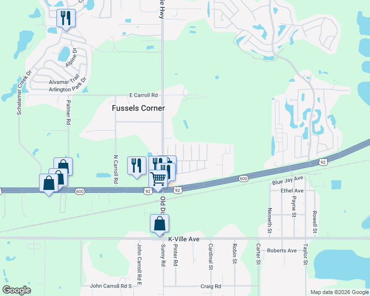 map of restaurants, bars, coffee shops, grocery stores, and more near 31 Avenue C North in Auburndale