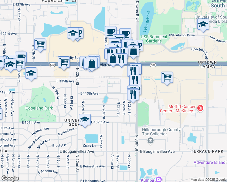 map of restaurants, bars, coffee shops, grocery stores, and more near 2600 East 113th Avenue in Tampa