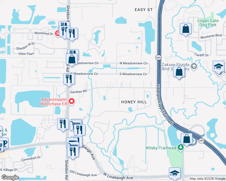 map of restaurants, bars, coffee shops, grocery stores, and more near 8417 Gardner Road in Tampa