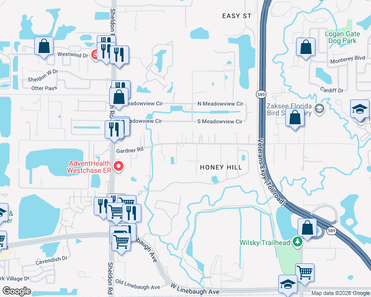 map of restaurants, bars, coffee shops, grocery stores, and more near 8417 Gardner Road in Tampa