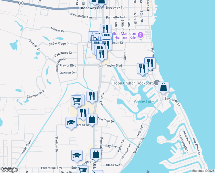 map of restaurants, bars, coffee shops, grocery stores, and more near 1809 Harbor Drive in Rockport