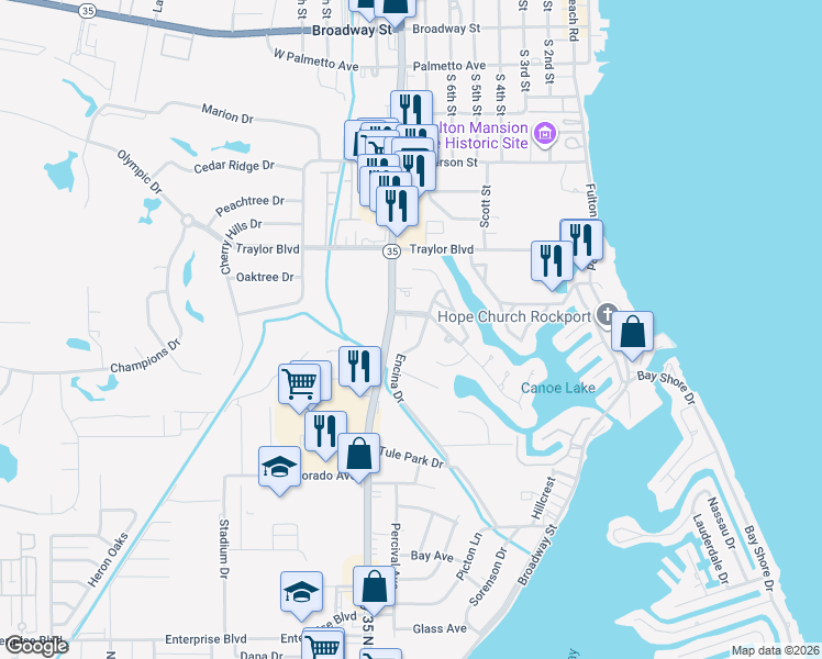 map of restaurants, bars, coffee shops, grocery stores, and more near 1809 Harbor Drive in Rockport