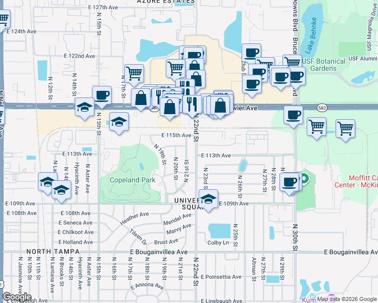 map of restaurants, bars, coffee shops, grocery stores, and more near 11118 North 21st Street in Tampa
