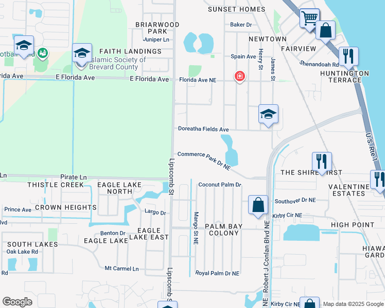 map of restaurants, bars, coffee shops, grocery stores, and more near 2321 Commerce Park Drive Northeast in Palm Bay