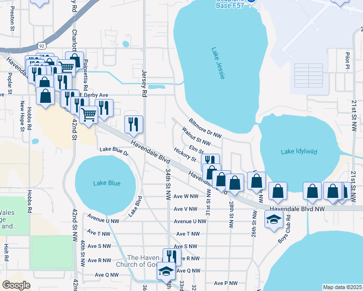 map of restaurants, bars, coffee shops, grocery stores, and more near 3110 Elm Street in Winter Haven