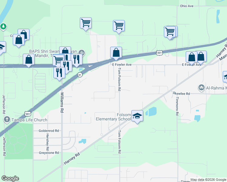 map of restaurants, bars, coffee shops, grocery stores, and more near 9804 Redwood Heights Road in Thonotosassa
