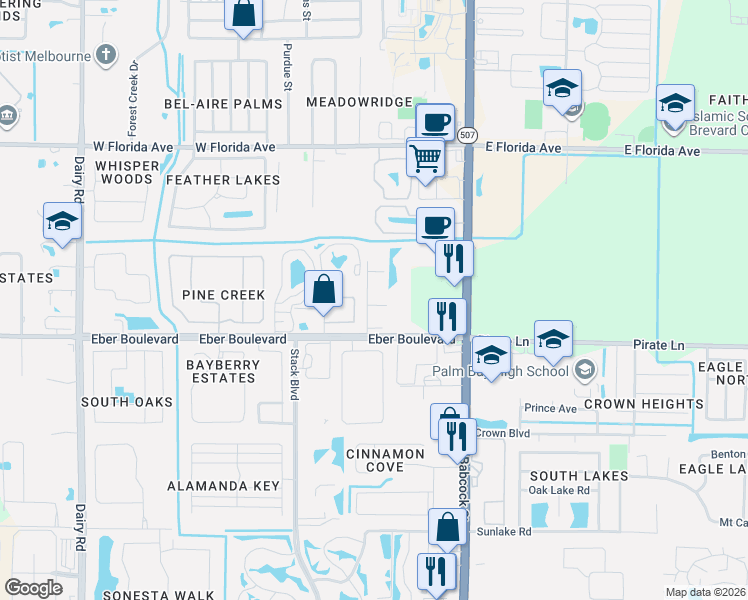map of restaurants, bars, coffee shops, grocery stores, and more near 110 Colibri Way in Melbourne