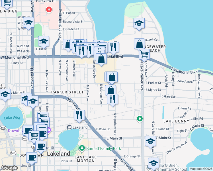 map of restaurants, bars, coffee shops, grocery stores, and more near 909 East Parker Street in Lakeland