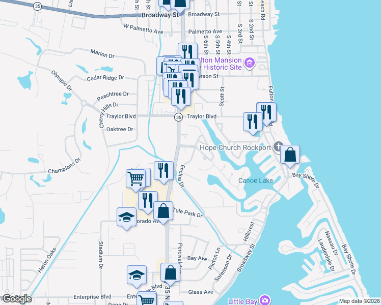 map of restaurants, bars, coffee shops, grocery stores, and more near 1809 Harbor Drive in Rockport