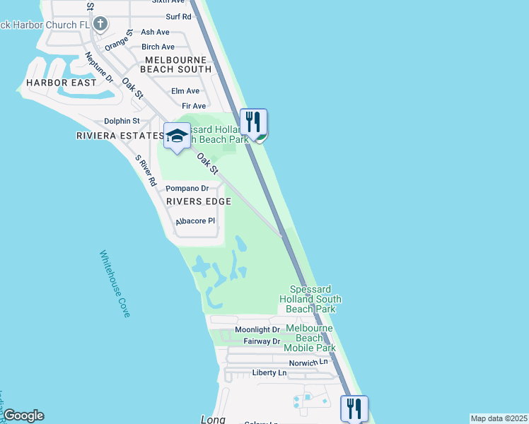 map of restaurants, bars, coffee shops, grocery stores, and more near 2373 Oak Street in Melbourne Beach