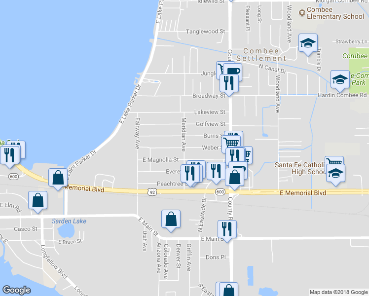 map of restaurants, bars, coffee shops, grocery stores, and more near 725 Meridian Avenue in Lakeland