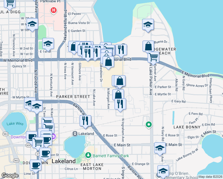 map of restaurants, bars, coffee shops, grocery stores, and more near 909 East Parker Street in Lakeland