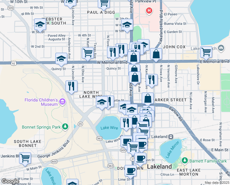 map of restaurants, bars, coffee shops, grocery stores, and more near 309 Pear Street in Lakeland