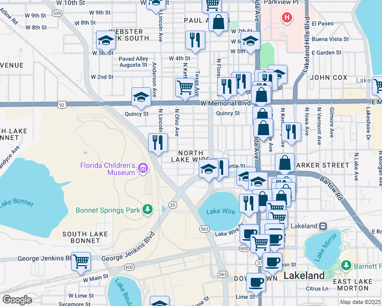 map of restaurants, bars, coffee shops, grocery stores, and more near 605 Pear Street in Lakeland