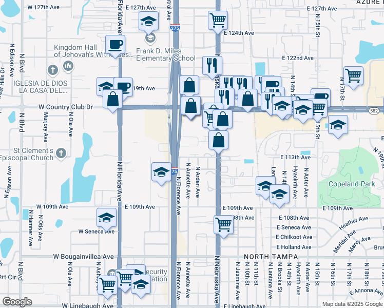 map of restaurants, bars, coffee shops, grocery stores, and more near 707 East 114th Avenue in Tampa