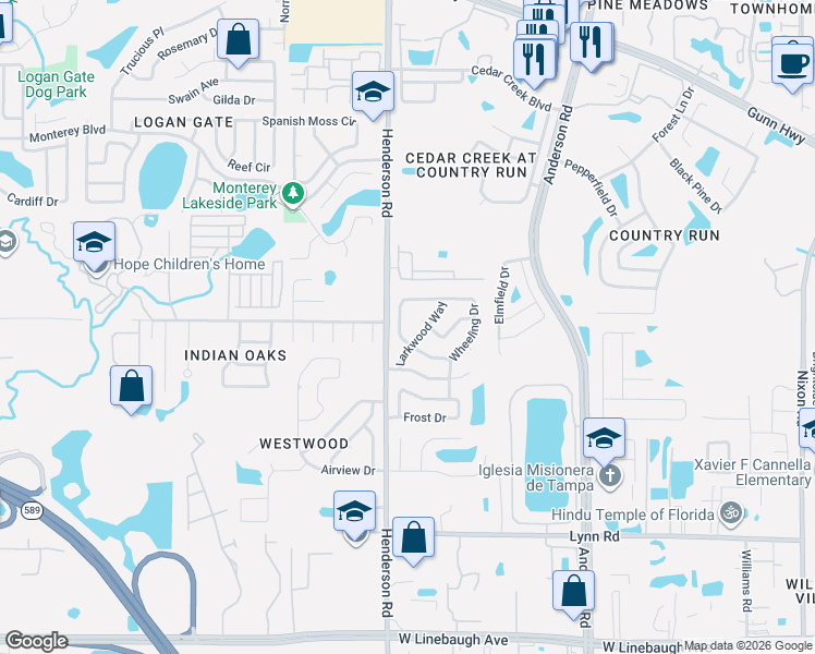 map of restaurants, bars, coffee shops, grocery stores, and more near 11423 Wheeling Drive in Tampa