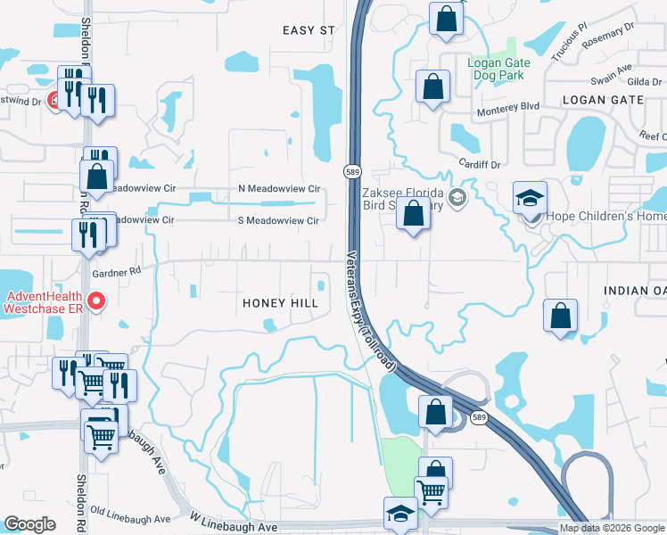 map of restaurants, bars, coffee shops, grocery stores, and more near 8001 Gardner Road in Tampa
