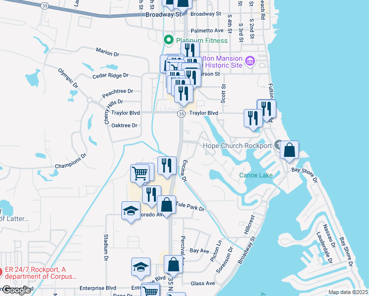 map of restaurants, bars, coffee shops, grocery stores, and more near 1809 Harbor Drive in Rockport