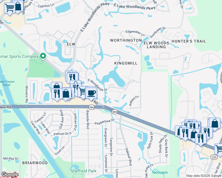 map of restaurants, bars, coffee shops, grocery stores, and more near 85 Woodridge Court in Oldsmar