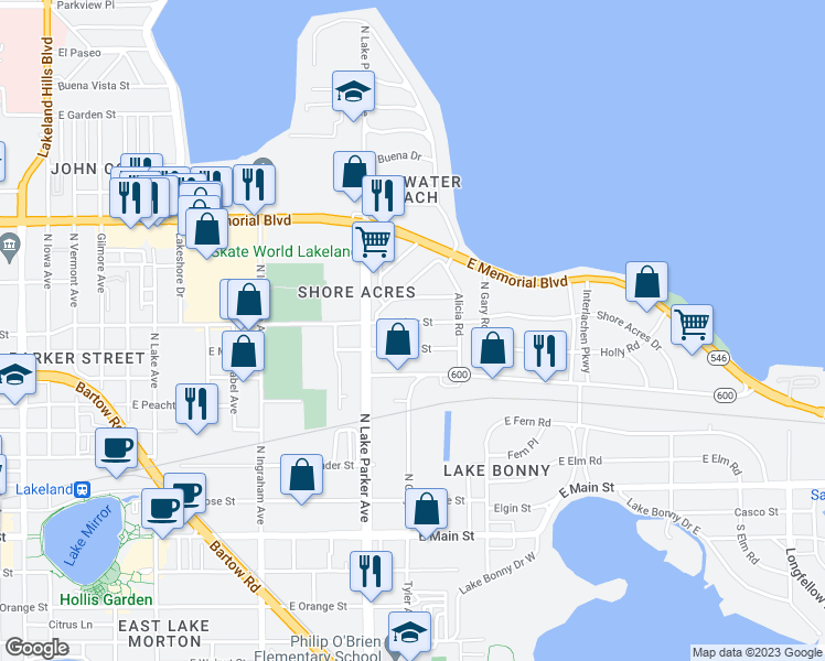 map of restaurants, bars, coffee shops, grocery stores, and more near 1245 East Parker Street in Lakeland