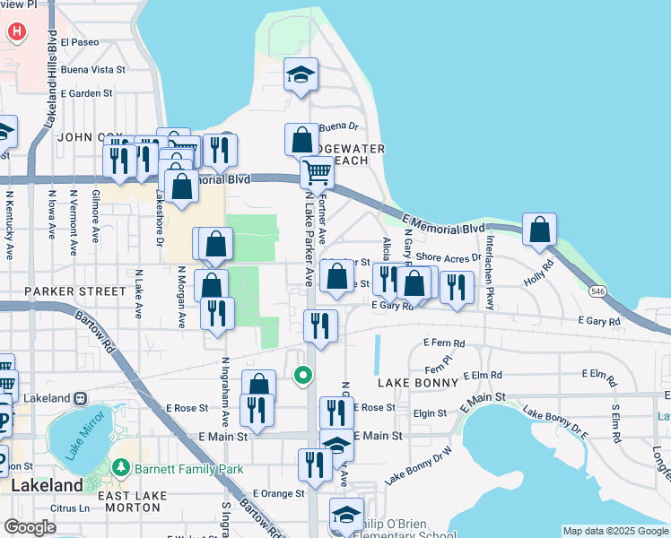 map of restaurants, bars, coffee shops, grocery stores, and more near 1223 East Parker Street in Lakeland