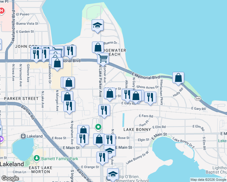 map of restaurants, bars, coffee shops, grocery stores, and more near 1247 East Parker Street in Lakeland