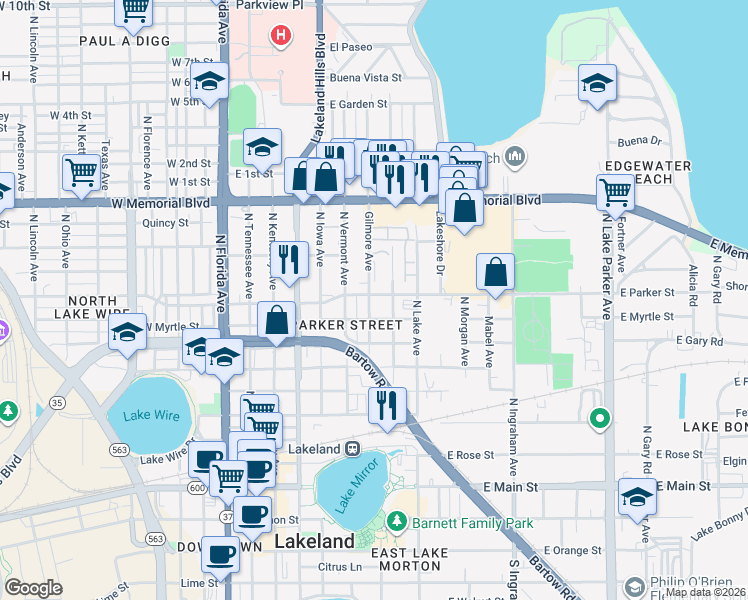 map of restaurants, bars, coffee shops, grocery stores, and more near 721 Gilmore Avenue in Lakeland