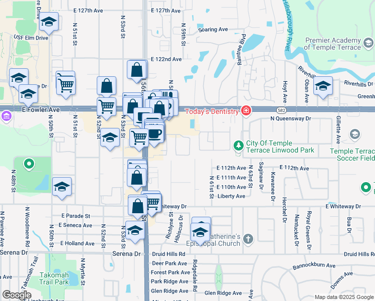 map of restaurants, bars, coffee shops, grocery stores, and more near 11323 Stratton Park Drive in Tampa