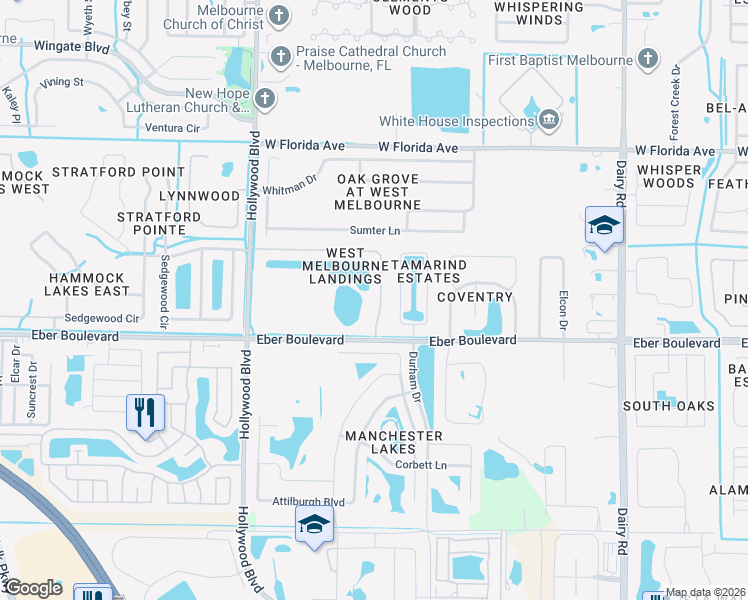 map of restaurants, bars, coffee shops, grocery stores, and more near 1317 Alaqua Way in Melbourne