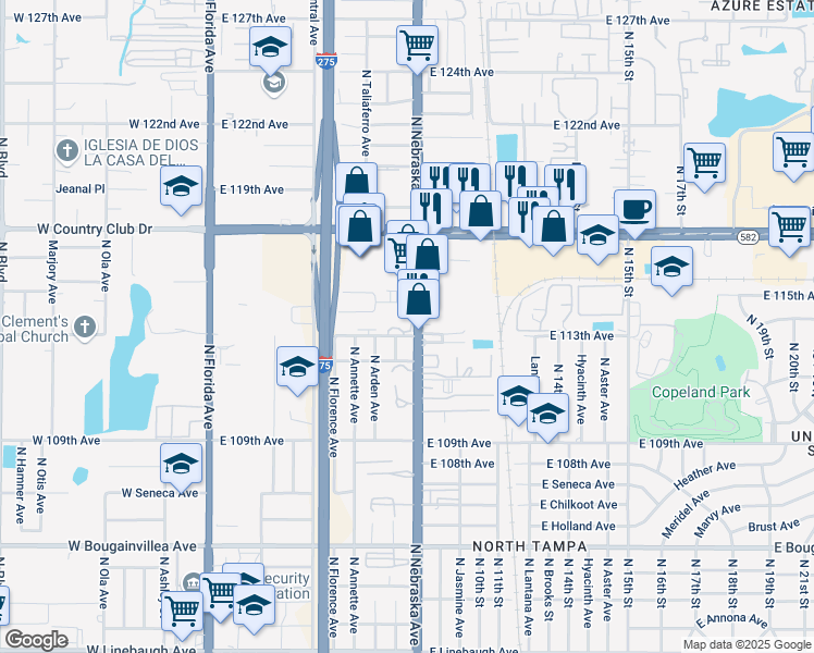 map of restaurants, bars, coffee shops, grocery stores, and more near 11302 North Nebraska Avenue in Tampa