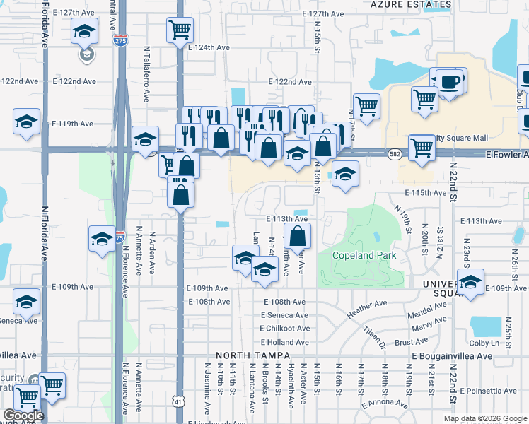 map of restaurants, bars, coffee shops, grocery stores, and more near 1264 East 113th Avenue in Tampa