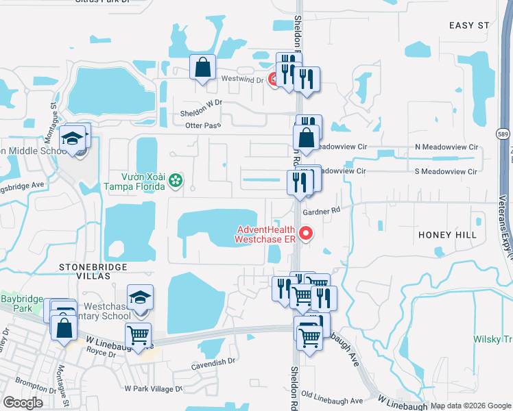 map of restaurants, bars, coffee shops, grocery stores, and more near 8908 Lake Sunset Drive in Westchase