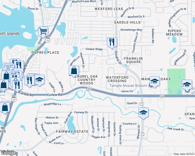 map of restaurants, bars, coffee shops, grocery stores, and more near 2748 Resnik Circle West in Palm Harbor