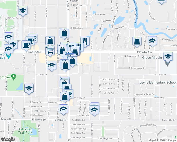 map of restaurants, bars, coffee shops, grocery stores, and more near 11323 Stratton Park Drive in Tampa