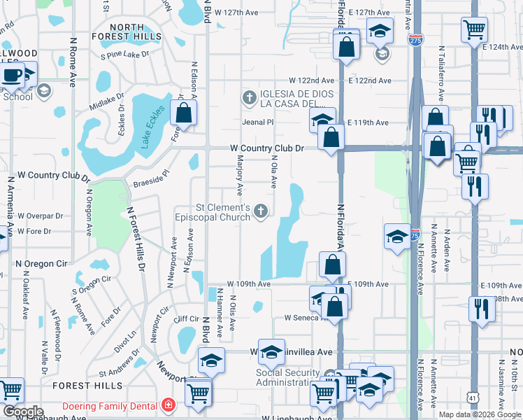 map of restaurants, bars, coffee shops, grocery stores, and more near 11308 North Ola Avenue in Tampa