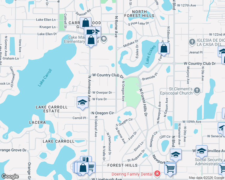 map of restaurants, bars, coffee shops, grocery stores, and more near 11318 North Rome Avenue in Tampa