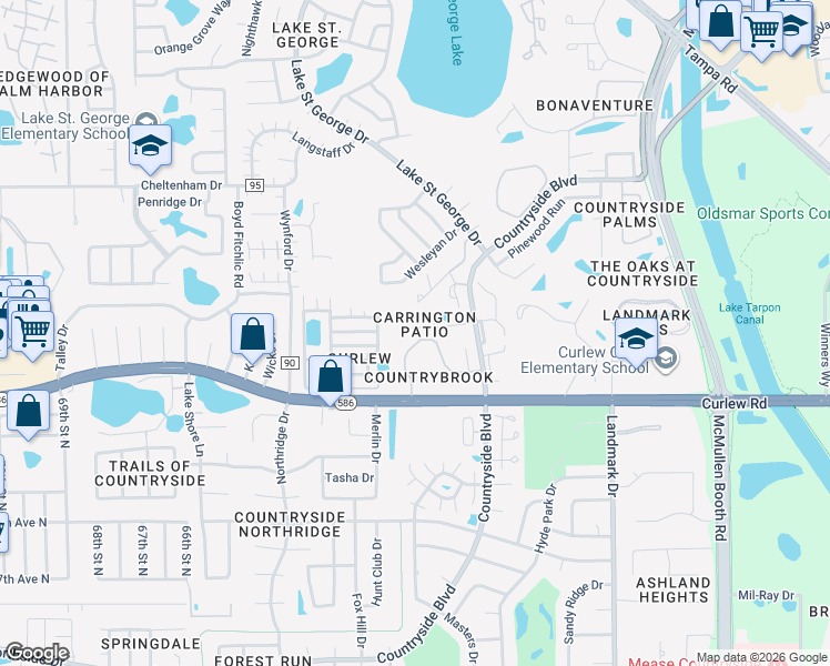 map of restaurants, bars, coffee shops, grocery stores, and more near 2833 Whitehall Drive in Palm Harbor