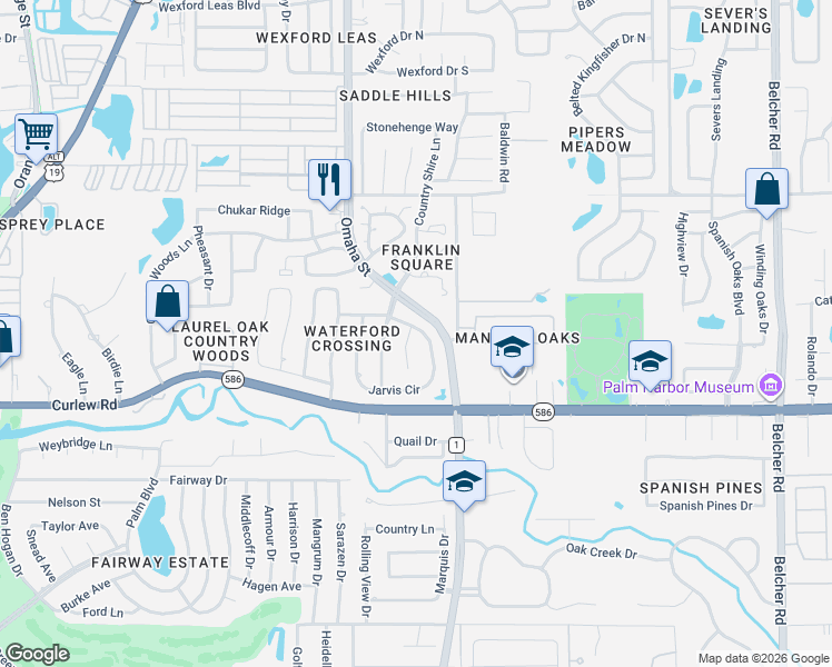 map of restaurants, bars, coffee shops, grocery stores, and more near 2825 Jarvis Circle in Palm Harbor