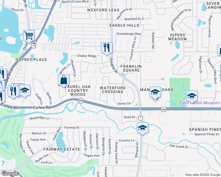 map of restaurants, bars, coffee shops, grocery stores, and more near 2763 Challenger Drive in Palm Harbor