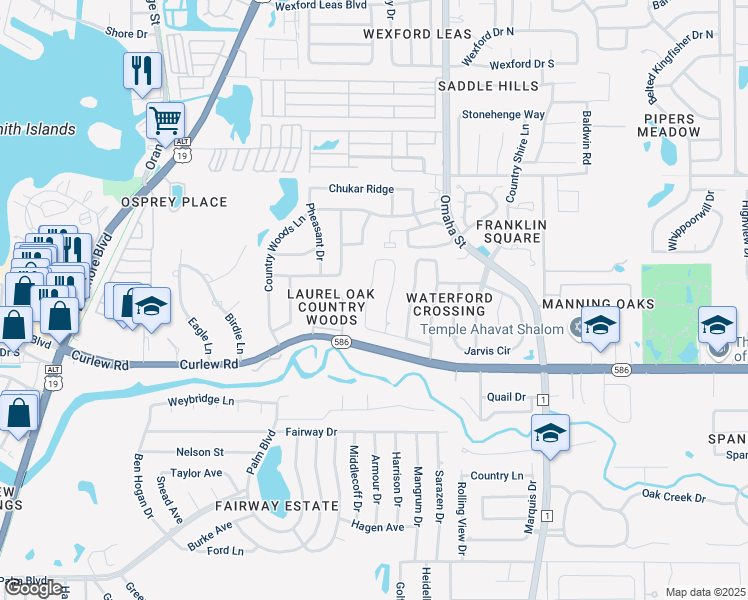 map of restaurants, bars, coffee shops, grocery stores, and more near 2748 Resnik Circle West in Palm Harbor