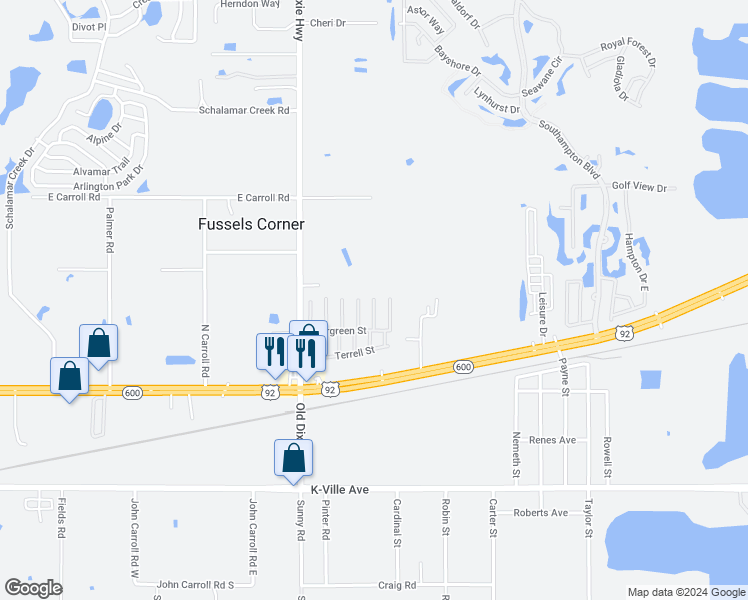 map of restaurants, bars, coffee shops, grocery stores, and more near 57 Avenue East North in Auburndale