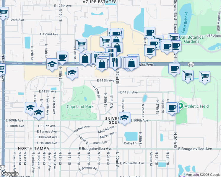 map of restaurants, bars, coffee shops, grocery stores, and more near 11118 North 21st Street in Tampa
