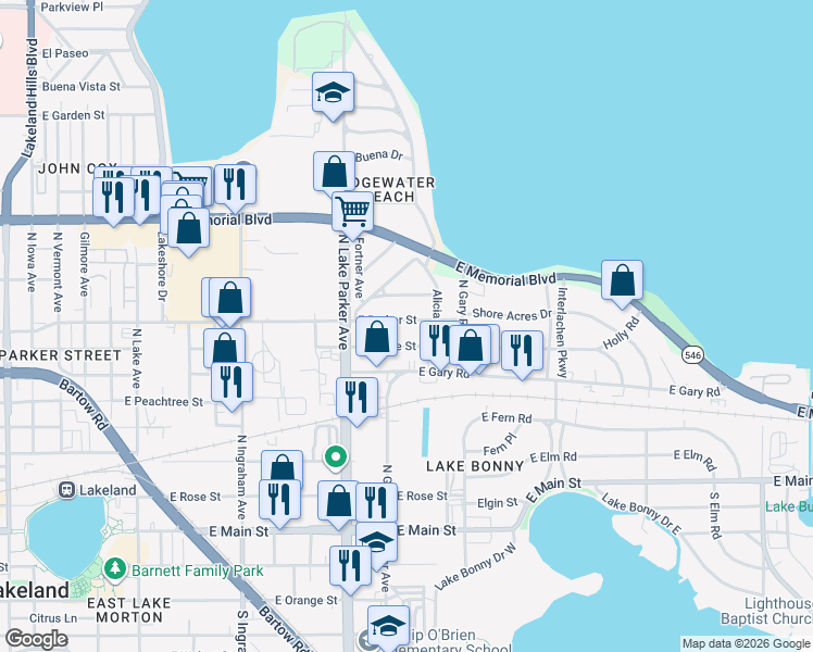 map of restaurants, bars, coffee shops, grocery stores, and more near 1309 East Parker Street in Lakeland
