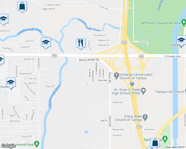 map of restaurants, bars, coffee shops, grocery stores, and more near 11501 Meredyth Street in Tampa