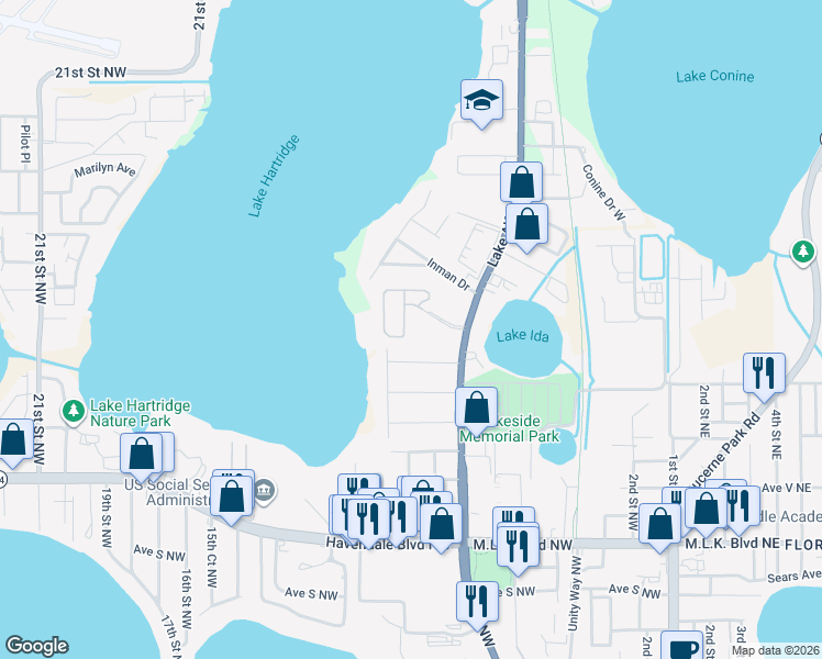 map of restaurants, bars, coffee shops, grocery stores, and more near 2043 Lakeridge Drive in Winter Haven