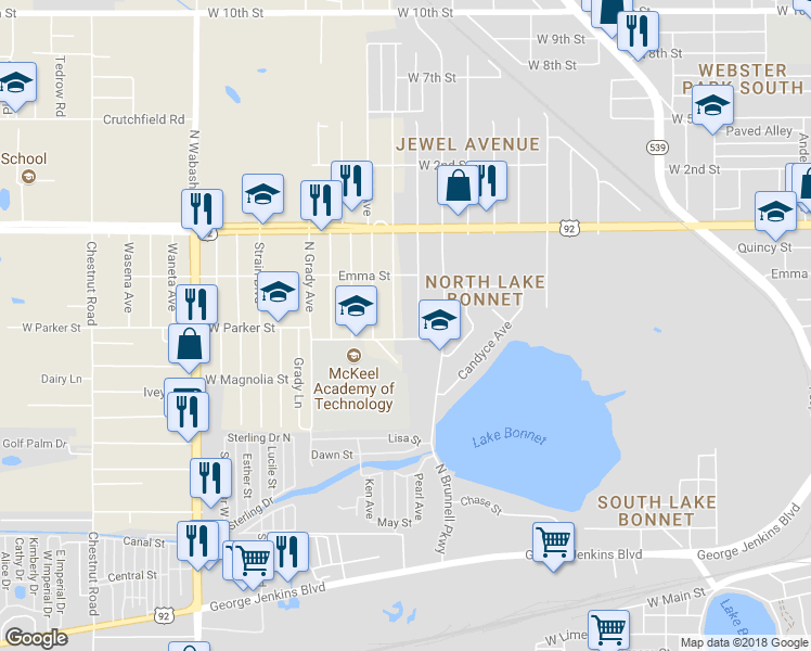 map of restaurants, bars, coffee shops, grocery stores, and more near 808 North Ruth Avenue in Lakeland