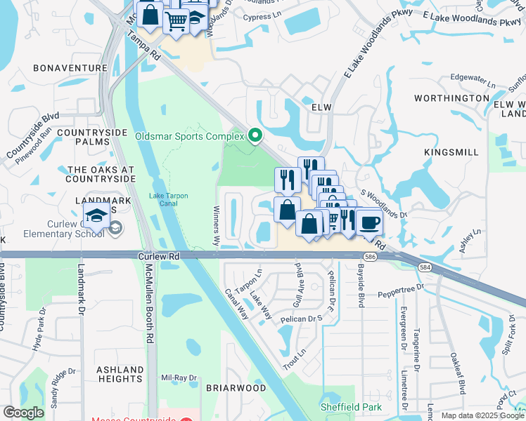 map of restaurants, bars, coffee shops, grocery stores, and more near 4 Eastlake Club Drive in Oldsmar
