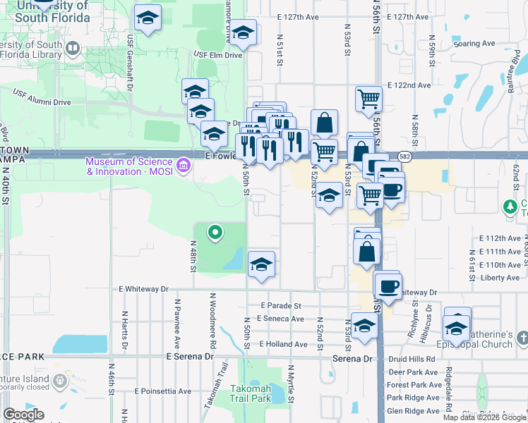 map of restaurants, bars, coffee shops, grocery stores, and more near 11315 North 50th Street in Tampa