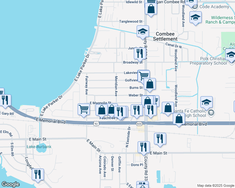 map of restaurants, bars, coffee shops, grocery stores, and more near 731 Meridian Avenue in Lakeland