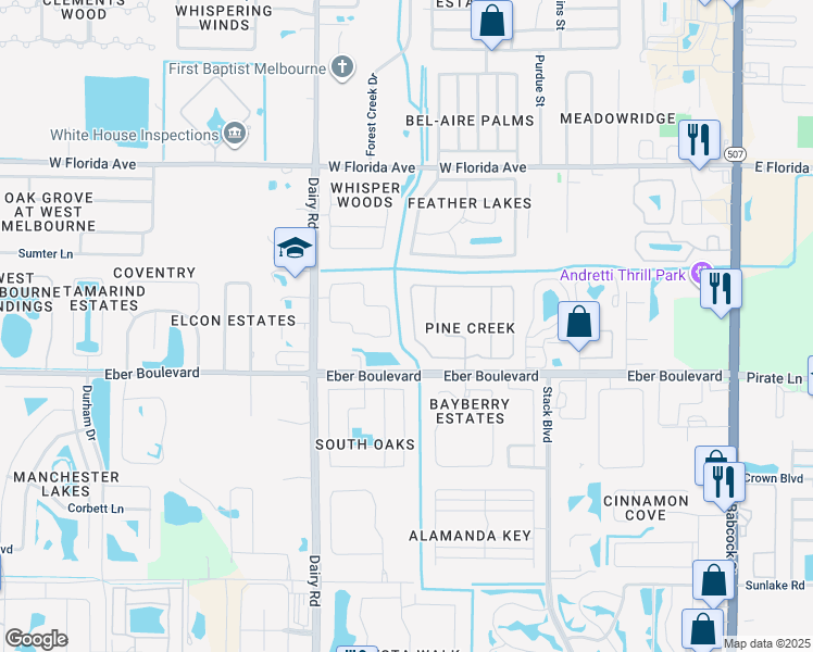 map of restaurants, bars, coffee shops, grocery stores, and more near 1250 Indian Oaks Drive in Melbourne